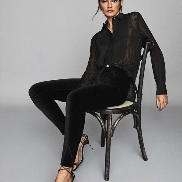 New $240 REISS Women's Black Lux Velvet Mid Rise Skinny Trousers Pants Size 30